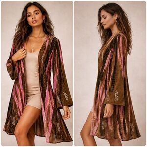 Lotta Stensson Velvet Feel Open Front Bell Sleeve Embroidered Duster Jacket Sz M